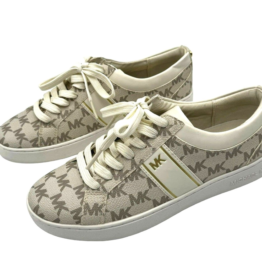 MICHAEL KORS Womens 6.5M Fashion Sneakers Shoes Taupe White Gold Lace Up Low Top
